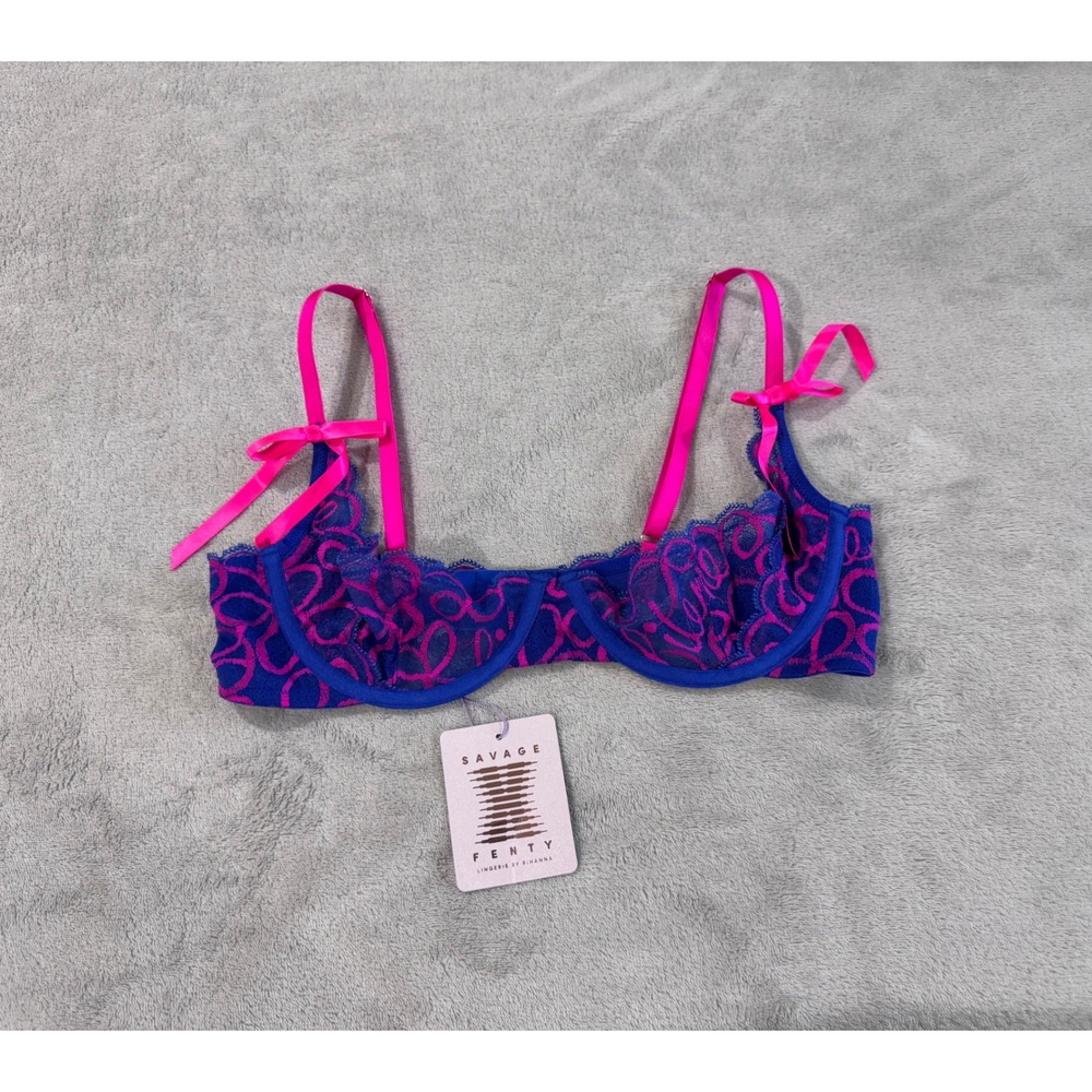 Savage X Fenty Lace Underwire Bra Blue Pink Logo Script Bows 36B NWT